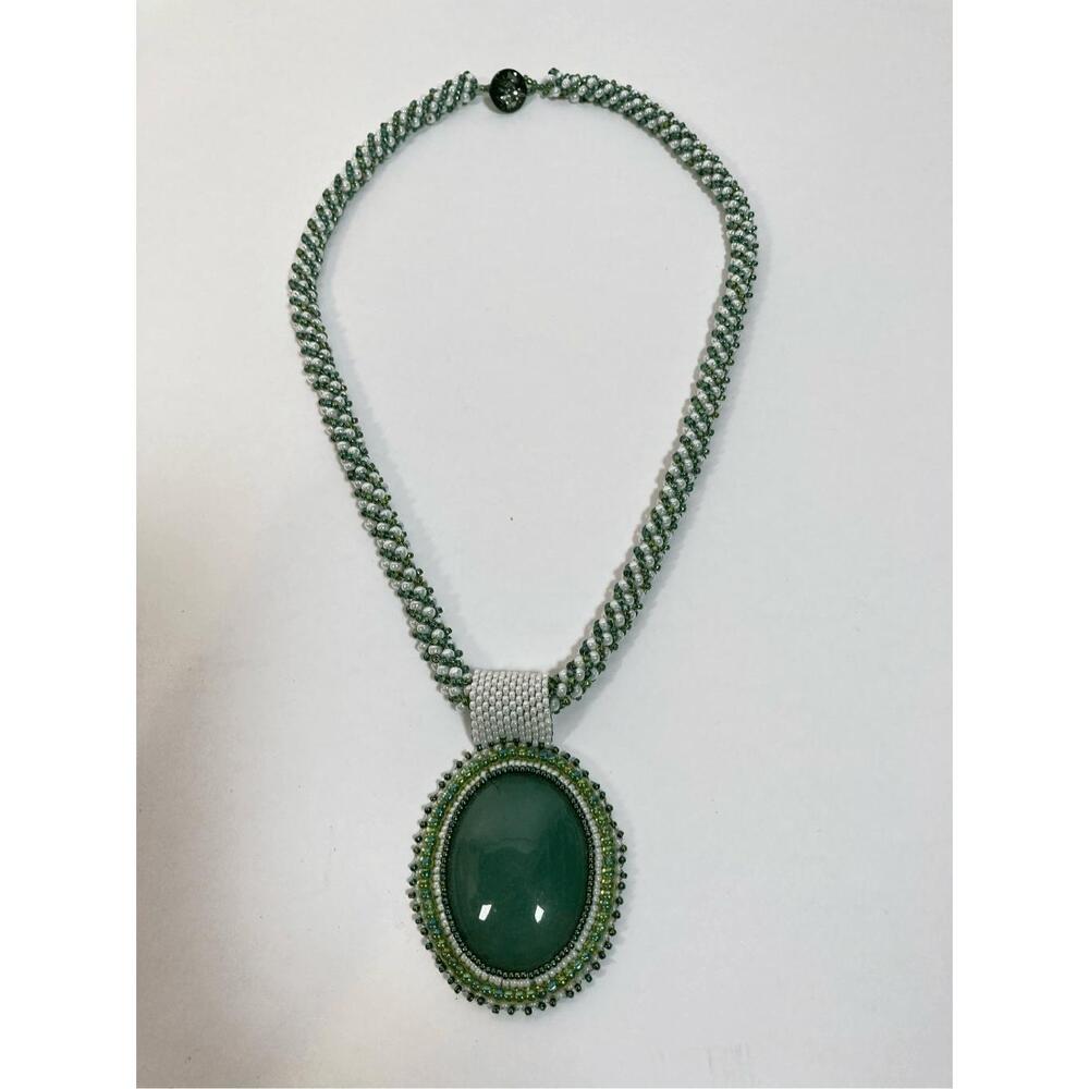 Handcrafted Russian Spiral Green Beaded Necklace with Beaded Cabochon‎